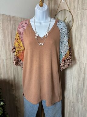Love Rust V-Neck Top with Multicolor Sheer Patchwork Sleeves